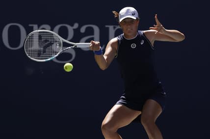 Sep 6, 2021; Flushing, NY, USA; Iga Swiatek of Poland hits a forehand against Belinda Bencic of Switzerland (not pictured) on day eight of the 2021 U.S. Open tennis tournament at USTA Billie Jean King National Tennis Center. Mandatory Credit: Geoff Burke-USA TODAY Sports