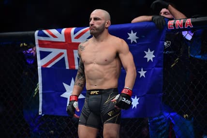 Sep 25, 2021; Las Vegas, Nevada, USA; Alexander Volkanovski is introduced before fighting Brian Ortega during UFC 266 at T-Mobile Arena. Mandatory Credit: Gary A. Vasquez-USA TODAY Sports
