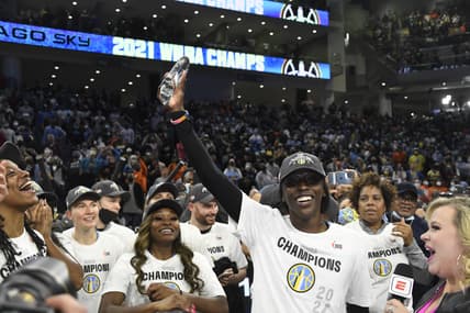 Oct 17, 2021; Chicago, Illinois, USA; Chicago Sky guard/forward Kahleah Copper (2) after receiving the MVP trophy after the Chicago Sky beat the Phoenix Mercury 80-74 in game four of the 2021 WNBA Finals at Wintrust Arena. Mandatory Credit: Matt Marton-USA TODAY Sports