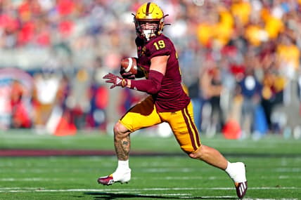 Nov 27, 2021; Tempe, Arizona, USA; Arizona State Sun Devils wide receiver Ricky Pearsall (19) runs the ball during the first half against the Arizona Wildcats at Sun Devil Stadium. Mandatory Credit: Mark J. Rebilas-USA TODAY Sports