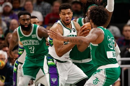 Dec 25, 2021; Milwaukee, Wisconsin, USA;  Milwaukee Bucks forward Giannis Antetokounmpo (34) during the game against the Boston Celtics at Fiserv Forum. Mandatory Credit: Jeff Hanisch-USA TODAY Sports