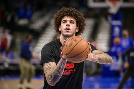 Jan 9, 2022; Dallas, Texas, USA; Chicago Bulls guard Lonzo Ball (2) warms up before the game against the Dallas Mavericks at the American Airlines Center. Mandatory Credit: Jerome Miron-USA TODAY Sports