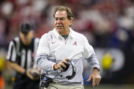 Jan 10, 2022; Indianapolis, IN, USA; Alabama Crimson Tide head coach Nick Saban reacts against the Georgia Bulldogs in the 2022 CFP college football national championship game at Lucas Oil Stadium. Mandatory Credit: Mark J. Rebilas-USA TODAY Sports