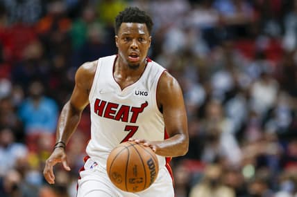 Jan 14, 2022; Miami, Florida, USA; Miami Heat guard Kyle Lowry (7) dribbles the ball down the court during the second quarter of the game against the Atlanta Hawks at FTX Arena. Mandatory Credit: Sam Navarro-USA TODAY Sports