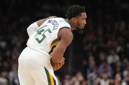 Feb 27, 2022; Phoenix, Arizona, USA; Utah Jazz guard Donovan Mitchell (45) controls the ball against the Phoenix Suns during the first half at Footprint Center. Mandatory Credit: Joe Camporeale-USA TODAY Sports
