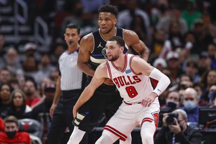 Mar 4, 2022; Chicago, Illinois, USA; Chicago Bulls guard Zach LaVine (8) defends against Milwaukee Bucks forward Giannis Antetokounmpo (34) during the second half at United Center. Mandatory Credit: Kamil Krzaczynski-USA TODAY Sports