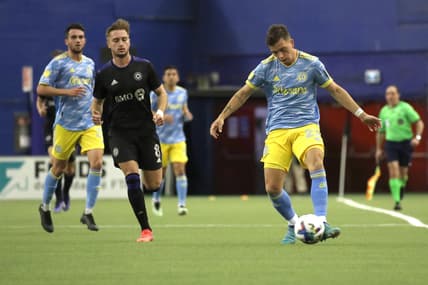 Mar 5, 2022; Montreal, Quebec, CAN; Philadelphia Union defender Kai Wagner (27) plays the ball against CF Montr  al during the first half at Olympic Stadium. Mandatory Credit: Jean-Yves Ahern-USA TODAY Sports