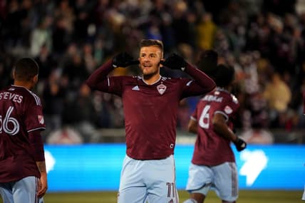 Mar 12, 2022; Commerce City, Colorado, USA; Colorado Rapids forward Diego Rubio (11) celebrates his goal in the first half against the Sporting Kansas City at Dick's Sporting Goods Park. Mandatory Credit: Ron Chenoy-USA TODAY Sports
