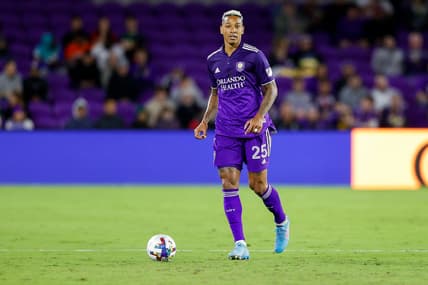 Mar 12, 2022; Orlando, Florida, USA;  Orlando City defender Antonio Carlos (25) looks to pass the ball in the first half against FC Cincinnati at Orlando City Stadium. Mandatory Credit: Nathan Ray Seebeck-USA TODAY Sports