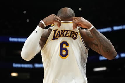 Mar 13, 2022; Phoenix, Arizona, USA; Los Angeles Lakers forward LeBron James (6) reacts against the Phoenix Suns during the second half at Footprint Center. Mandatory Credit: Joe Camporeale-USA TODAY Sports