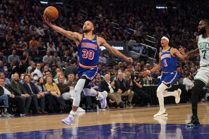 Mar 16, 2022; San Francisco, California, USA; Golden State Warriors guard Stephen Curry (30) catches a pass against the Boston Celtics in the second quarter at the Chase Center. Mandatory Credit: Cary Edmondson-USA TODAY Sports