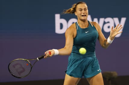 Mar 24, 2022; Miami Gardens, FL, USA; Aryna Sabalenka hits a forehand against Irina-Camelia Begu (ROU) (not pictured) in a second round women's singles match in the Miami Open at Hard Rock Stadium. Mandatory Credit: Geoff Burke-USA TODAY Sports