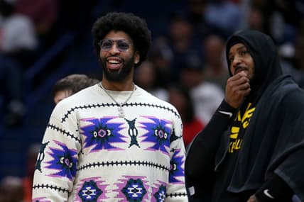 Mar 27, 2022; New Orleans, Louisiana, USA; Injured Los Angeles Lakers forward Anthony Davis looks on in the second quarter against the New Orleans Pelicans at the Smoothie King Center. Mandatory Credit: Chuck Cook-USA TODAY Sports
