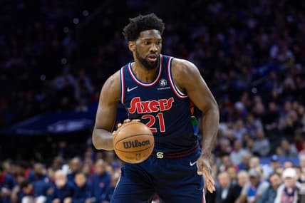 Mar 29, 2022; Philadelphia, Pennsylvania, USA; Philadelphia 76ers center Joel Embiid (21) dribbles the ball against the Milwaukee Bucks during the first quarter at Wells Fargo Center. Mandatory Credit: Bill Streicher-USA TODAY Sports