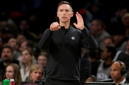 Mar 29, 2022; Brooklyn, New York, USA; Brooklyn Nets head coach Steve Nash coaches against the Detroit Pistons during the first quarter at Barclays Center. Mandatory Credit: Brad Penner-USA TODAY Sports