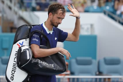Mar 31, 2022; Miami Gardens, FL, USA; Daniil Medvedev acknowledges the crowd while leaving the court after his match against Hubert Hurkacz (POL)(not pictured) in a men's singles quarterfinal in the Miami Open at Hard Rock Stadium. Mandatory Credit: Geoff Burke-USA TODAY Sports