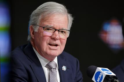 Mar 31, 2022; New Orleans, LA, USA; NCAA President Mark Emmert talks to media during a press conference the 2022 NCAA men's basketball tournament Final Four semifinals at Caesars Superdome. Mandatory Credit: Stephen Lew-USA TODAY Sports