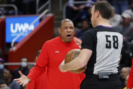 Mar 31, 2022; Detroit, Michigan, USA;  Philadelphia 76ers head coach Doc Rivers reacts at referee Josh Tiven (58) after a call during the second half against the Detroit Pistons at Little Caesars Arena. Mandatory Credit: Rick Osentoski-USA TODAY Sports