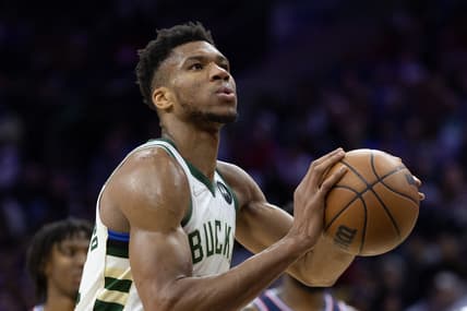 Mar 29, 2022; Philadelphia, Pennsylvania, USA; Milwaukee Bucks forward Giannis Antetokounmpo (34) shoots the ball against the Philadelphia 76ers during the fourth quarter at Wells Fargo Center. Mandatory Credit: Bill Streicher-USA TODAY Sports