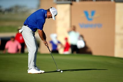Apr 1, 2022; San Antonio, Texas, USA; Ryan Palmer putts on the 18th hole during the second round of the Valero Texas Open golf tournament. Mandatory Credit: Erik Williams-USA TODAY Sports