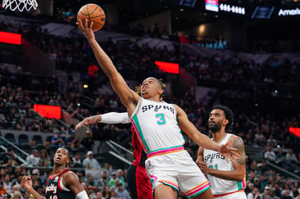 Apr 1, 2022; San Antonio, Texas, USA;  San Antonio Spurs forward Keldon Johnson (3) shoots in the first half against the Portland Trail Blazers at the AT&T Center. Mandatory Credit: Daniel Dunn-USA TODAY Sports