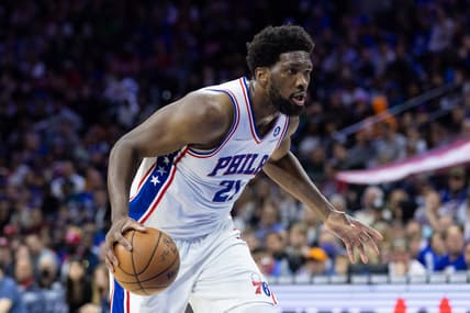 Apr 2, 2022; Philadelphia, Pennsylvania, USA; Philadelphia 76ers center Joel Embiid (21) dribbles the ball against the Charlotte Hornets during the third quarter at Wells Fargo Center. Mandatory Credit: Bill Streicher-USA TODAY Sports