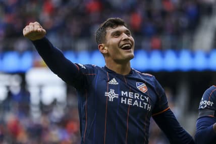 Apr 2, 2022; Cincinnati, Ohio, USA; FC Cincinnati forward Brandon Vazquez (19) reacts after scoring a goal against CF Montreal in the first half at TQL Stadium. Mandatory Credit: Katie Stratman-USA TODAY Sports