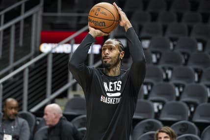 Apr 2, 2022; Atlanta, Georgia, USA; Brooklyn Nets forward James Johnson (16) warms up on the court prior to the game against the Atlanta Hawks at State Farm Arena. Mandatory Credit: Dale Zanine-USA TODAY Sports