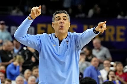 Apr 2, 2022; New Orleans, LA, USA; Villanova Wildcats head coach Jay Wright reacts during the first half against the Kansas Jayhawks in the 2022 NCAA men's basketball tournament Final Four semifinals at Caesars Superdome. Mandatory Credit: Robert Deutsch-USA TODAY Sports
