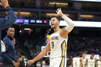 Apr 5, 2022; Sacramento, California, USA; New Orleans Pelicans center Willy Hernangomez (9) celebrates during the fourth quarter against the Sacramento Kings at Golden 1 Center. Mandatory Credit: Darren Yamashita-USA TODAY Sports