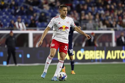 Apr 2, 2022; Foxborough, Massachusetts, USA; New York Red Bulls midfielder Aaron Long (33) during the first half against the New England Revolution at Gillette Stadium. Mandatory Credit: Winslow Townson-USA TODAY Sports