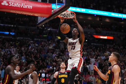 Apr 8, 2022; Miami, Florida, USA; Miami Heat center Bam Adebayo (13) dunks the ball during the second half against the Atlanta Hawks at FTX Arena. Mandatory Credit: Jasen Vinlove-USA TODAY Sports