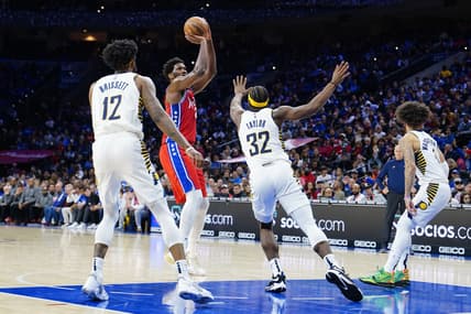Apr 9, 2022; Philadelphia, Pennsylvania, USA; Philadelphia 76ers center Joel Embiid (21) shoots the ball against Indiana Pacers shooting guard Terry Taylor (32) during the second half at Wells Fargo Center. Mandatory Credit: Gregory Fisher-USA TODAY Sports