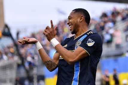 Apr 9, 2022; Philadelphia, Pennsylvania, USA; Philadelphia Union midfielder Jose Andres Martinez (8) celebrates after scoring a goal against the Columbus Crew in the first half at Subaru Park. Mandatory Credit: Kyle Ross-USA TODAY Sports