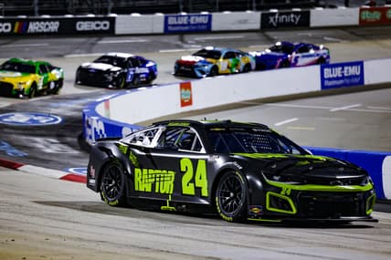 Apr 9, 2022; Martinsville, Virginia, USA; NASCAR Cup Series driver William Byron (24) races at the Blue-Emu Maximum Pain Relief 400 at Martinsville Speedway. Mandatory Credit: Ryan Hunt-USA TODAY Sports