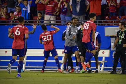 Apr 9, 2022; Frisco, Texas, USA; FC Dallas midfielder Edwin Cerrillo (6) and forward Alan Velasco (20) and midfielder Brandon Servania (18) celebrate the goal scored by Servania against the Colorado Rapids during the first half at Toyota Stadium. Mandatory Credit: Jerome Miron-USA TODAY Sports
