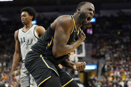 Apr 9, 2022; San Antonio, Texas, USA; Golden State Warriors forward Draymond Green (23) reacts during the second half against the San Antonio Spurs at AT&T Center. Mandatory Credit: Scott Wachter-USA TODAY Sports