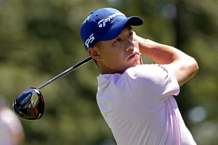 Apr 10, 2022; Augusta, Georgia, USA; Collin Morikawa plays his shot from the third tee during the final round of the Masters golf tournament. Mandatory Credit: Michael Madrid-USA TODAY Sports