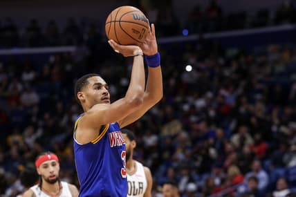 Apr 10, 2022; New Orleans, Louisiana, USA;  Golden State Warriors guard Jordan Poole (3) shoots a free throw against the New Orleans Pelicans during the first half at the Smoothie King Center. Mandatory Credit: Stephen Lew-USA TODAY Sports