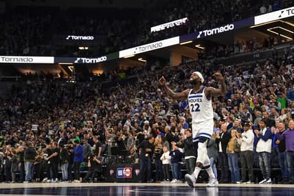 Apr 12, 2022; Minneapolis, Minnesota, USA;  Minnesota Timberwolves guard Patrick Beverley (22) hypes up the crowd during the fourth quarter of a play-in game against the Los Angeles Clippers at Target Center. Mandatory Credit: Nick Wosika-USA TODAY Sports