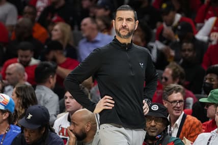 Apr 13, 2022; Atlanta, Georgia, USA; Charlotte Hornets head coach James Borrego on the bench during the game against the Atlanta Hawks during the first half at State Farm Arena. Mandatory Credit: Dale Zanine-USA TODAY Sports