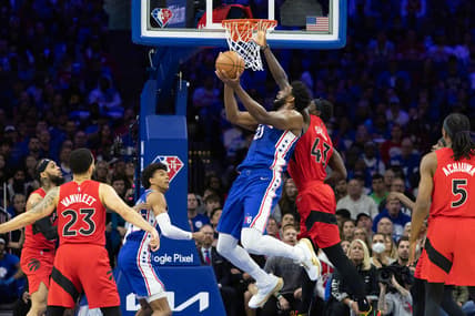 Apr 16, 2022; Philadelphia, Pennsylvania, USA; Philadelphia 76ers center Joel Embiid (21) drives for a shot against Toronto Raptors forward Pascal Siakam (43) during the first quarter of game one of the first round for the 2022 NBA playoffs at Wells Fargo Center. Mandatory Credit: Bill Streicher-USA TODAY Sports