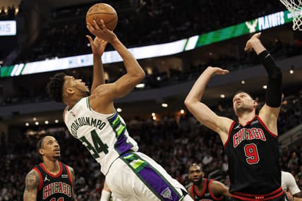 Apr 17, 2022; Milwaukee, Wisconsin, USA; Milwaukee Bucks forward Giannis Antetokounmpo (34) drives for the basket against Chicago Bulls center Nikola Vucevic (9) during the second quarter during game one of the first round for the 2022 NBA playoffs at Fiserv Forum. Mandatory Credit: Jeff Hanisch-USA TODAY Sports