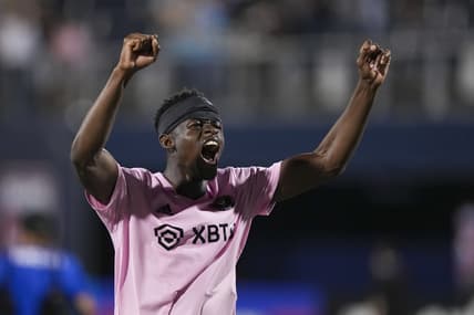 Apr 19, 2022; Miami, Florida, USA; Inter Miami CF defender Aim  Mabika (12) celebrates after defeating Miami FC at Riccardo Silva Stadium. Mandatory Credit: Eric Espada-USA TODAY Sports