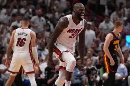 Apr 19, 2022; Miami, Florida, USA; Miami Heat center Dewayne Dedmon (21) reacts after scoring against the Atlanta Hawks during the second half in game two of the first round for the 2022 NBA playoffs at FTX Arena. Mandatory Credit: Jasen Vinlove-USA TODAY Sports