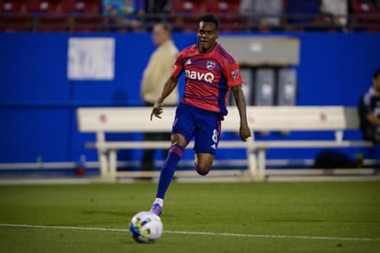 Apr 19, 2022; Frisco, Texas, USA; FC Dallas forward Jader Obrian (8) chases the ball during the first half against the Tulsa Roughnecks FC at Toyota Stadium. Mandatory Credit: Jerome Miron-USA TODAY Sports