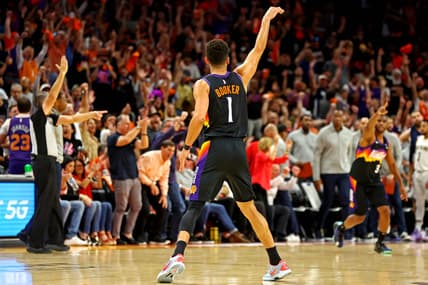 Apr 19, 2022; Phoenix, Arizona, USA; Phoenix Suns guard Devin Booker (1) reacts after a play during the second quarter against the New Orleans Pelicans during game two of the first round for the 2022 NBA playoffs at Footprint Center. Mandatory Credit: Mark J. Rebilas-USA TODAY Sports