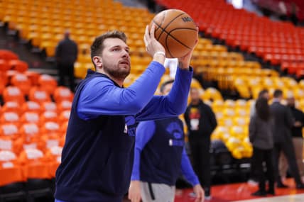 Apr 21, 2022; Salt Lake City, Utah, USA; Dallas Mavericks guard Luka Doncic (77) shoots the ball before the game against the Utah Jazz at Vivint Arena. Mandatory Credit: Chris Nicoll-USA TODAY Sports