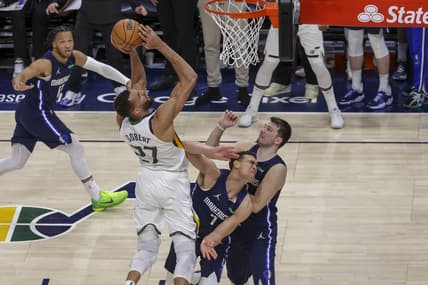 Apr 23, 2022; Salt Lake City, Utah, USA; Utah Jazz center Rudy Gobert (27) shoots the ball over Dallas Mavericks center Dwight Powell (7) during the fourth quarter in game four of the first round for the 2022 NBA playoffs at Vivint Arena. Utah Jazz won 100-00. Mandatory Credit: Chris Nicoll-USA TODAY Sports