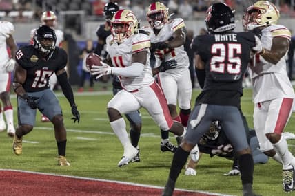 Apr 23, 2022; Birmingham, AL, USA; Birmingham Stallions running back CJ Marable (11) runs the ball for a touchdown against the Houston Gamblers during the second half at Protective Stadium. Mandatory Credit: Vasha Hunt-USA TODAY Sports
